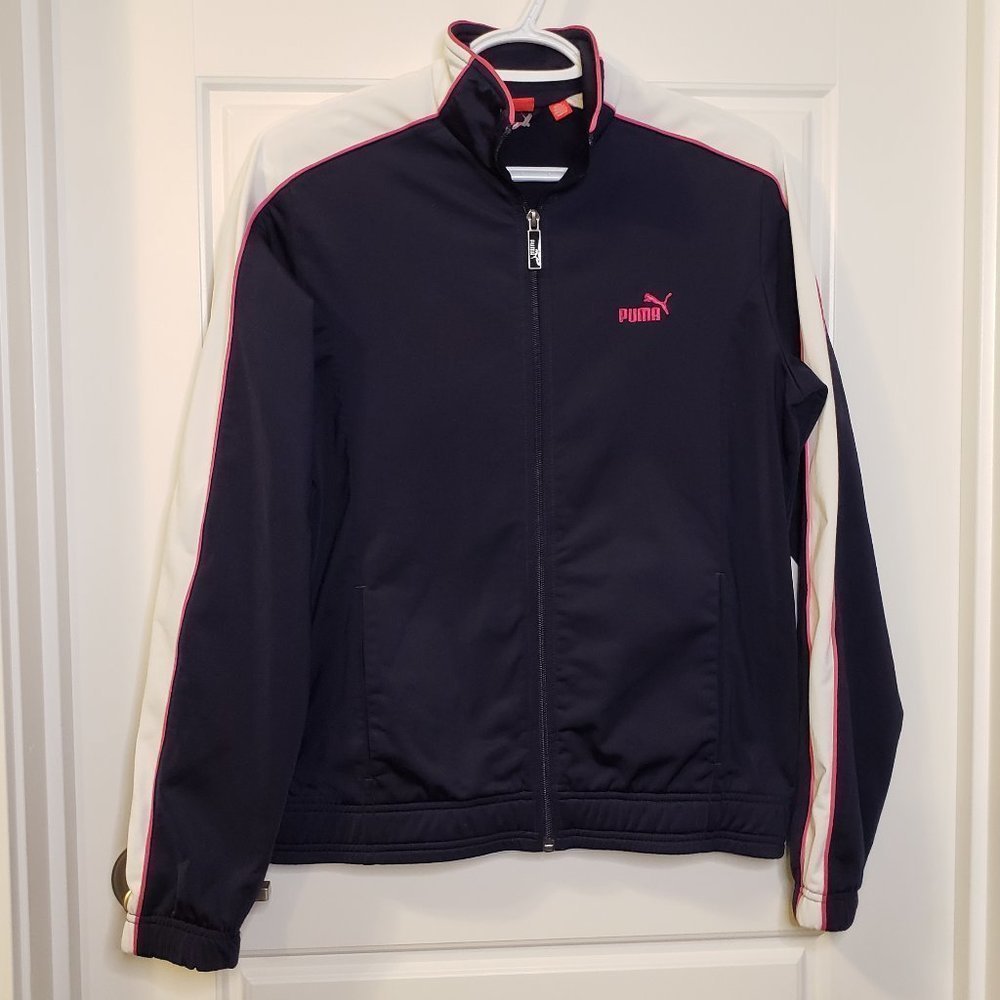 PUMA Women's Navy White Pink Collared Front Zipper Polyester Jacket-Size: Large